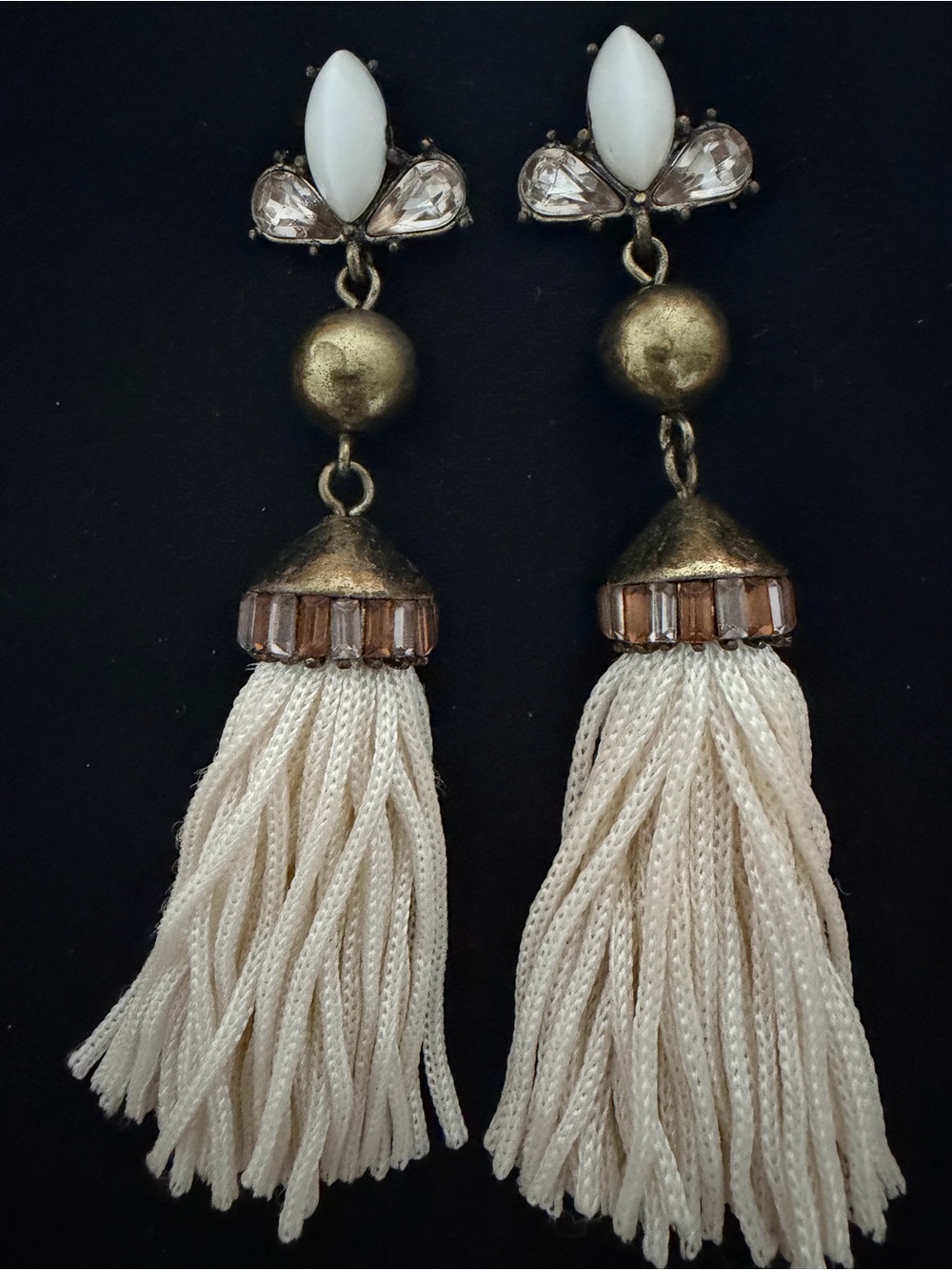 Elegant Cream Tassel Drop Earrings with Gold Accents